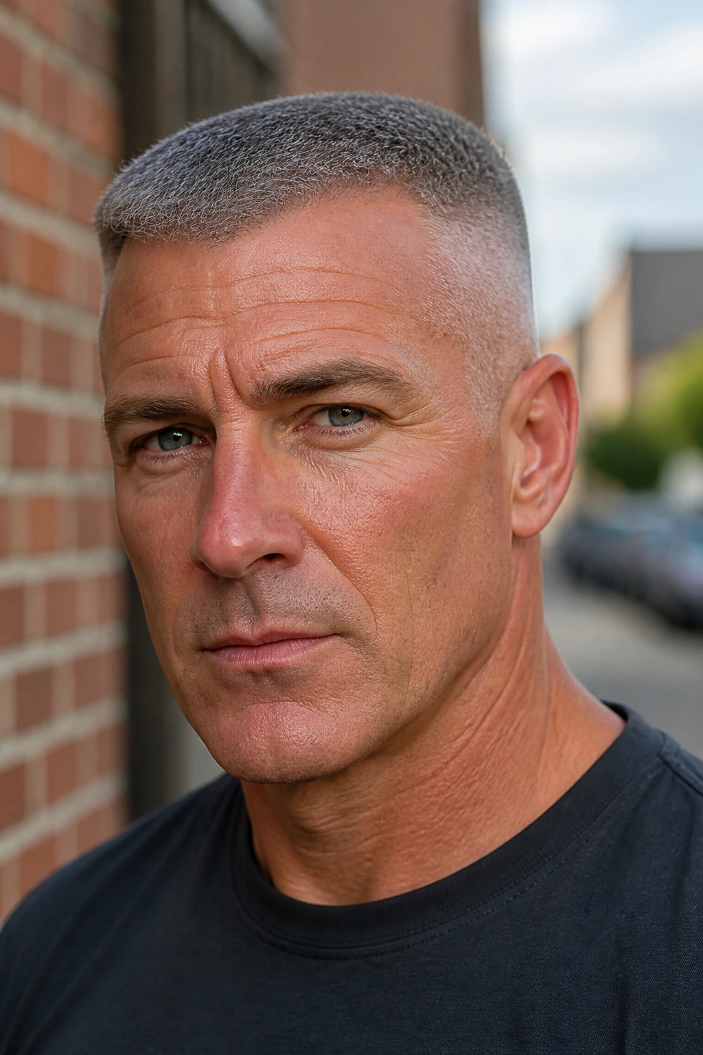 Close-up portrait of a man with a gray high and tight haircut.