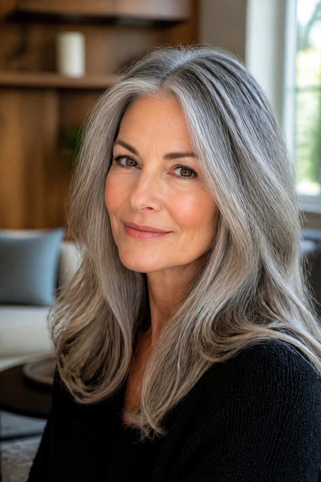 Close-up portrait of a real person with silver-gray hair showing root shadow and cool undertones