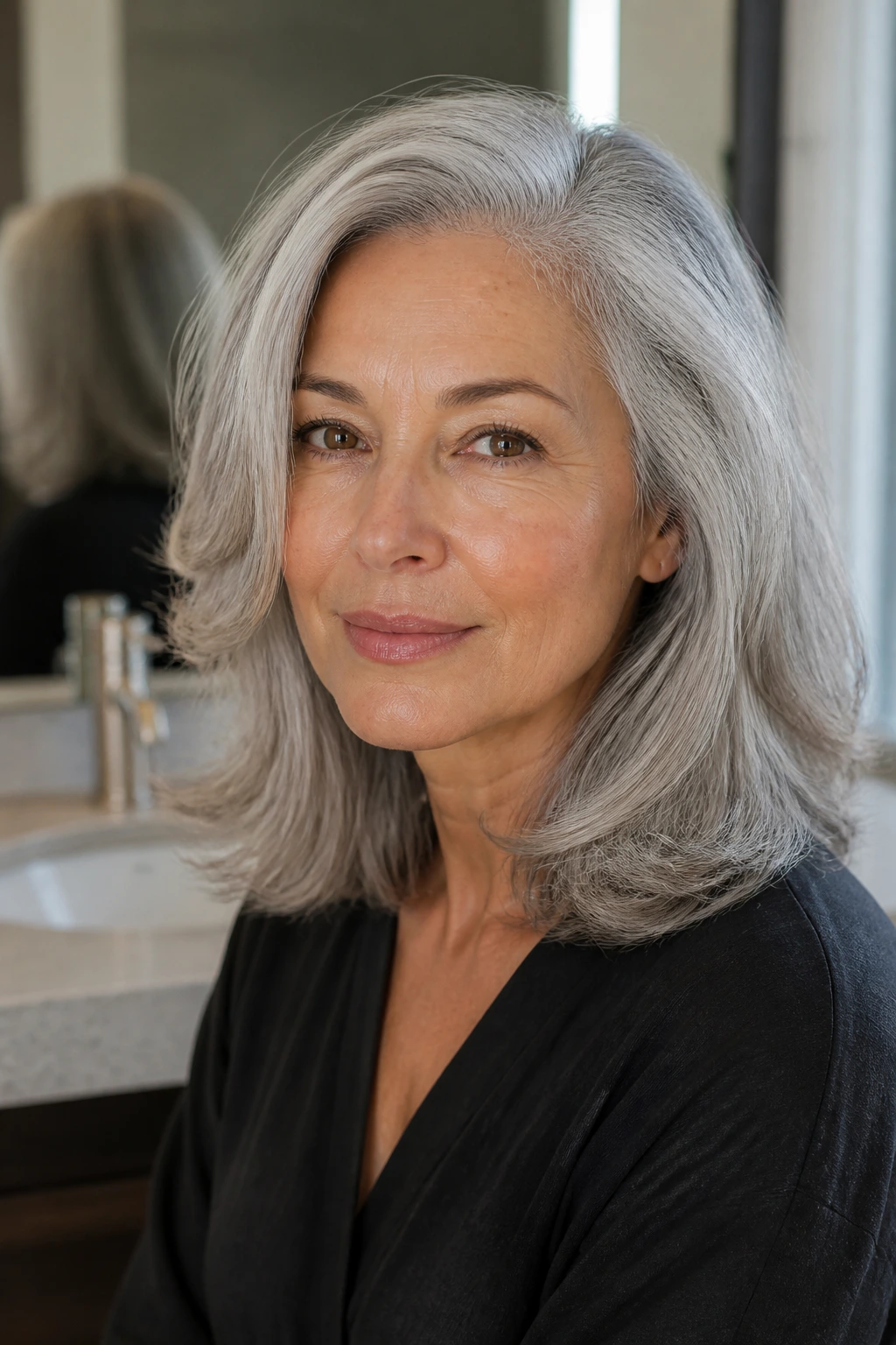 Portrait of gray hair with intentional medium-length style and shine.