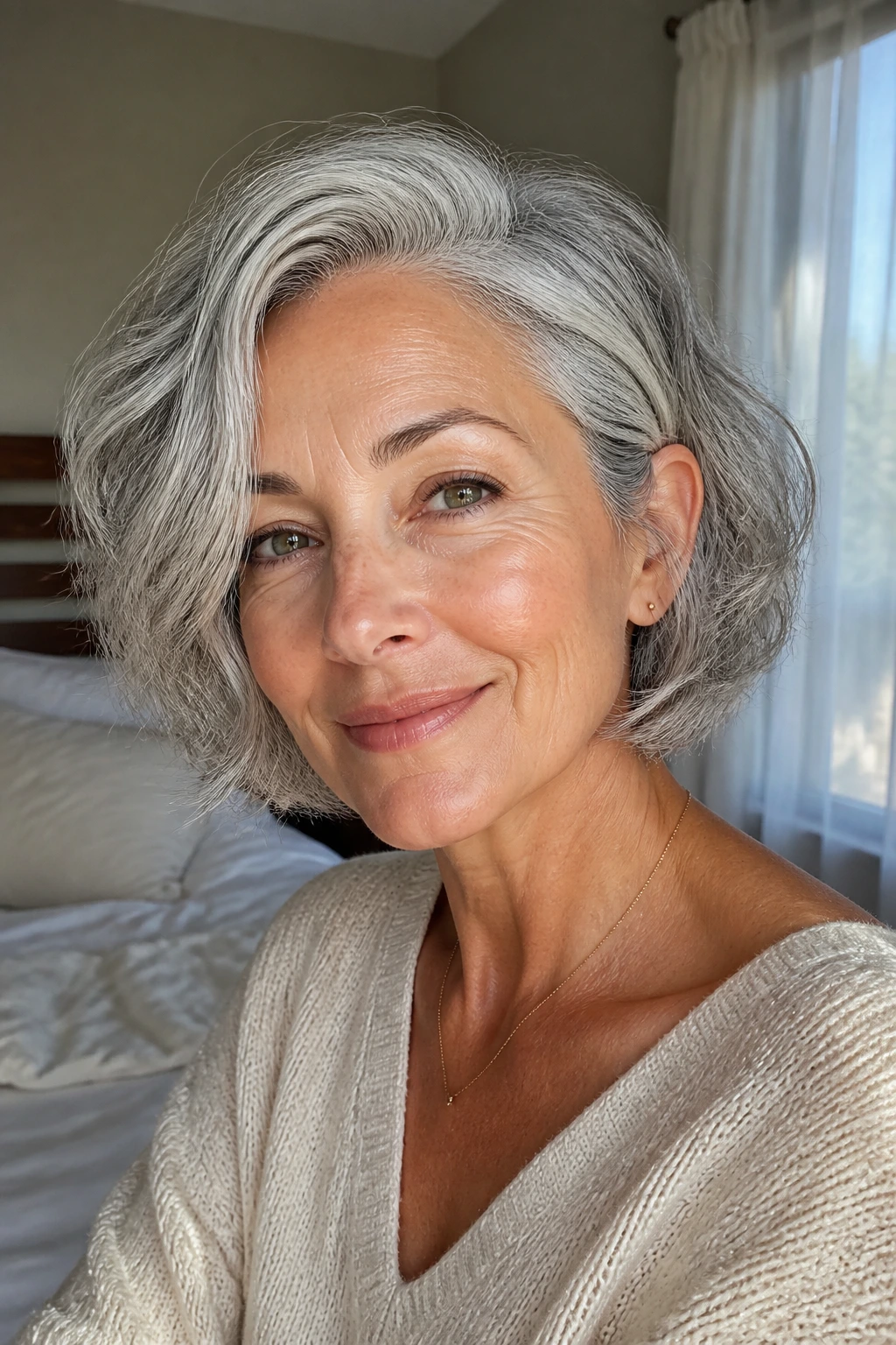 Close-up portrait of a gray-haired woman with jaw-length French bob under natural window light