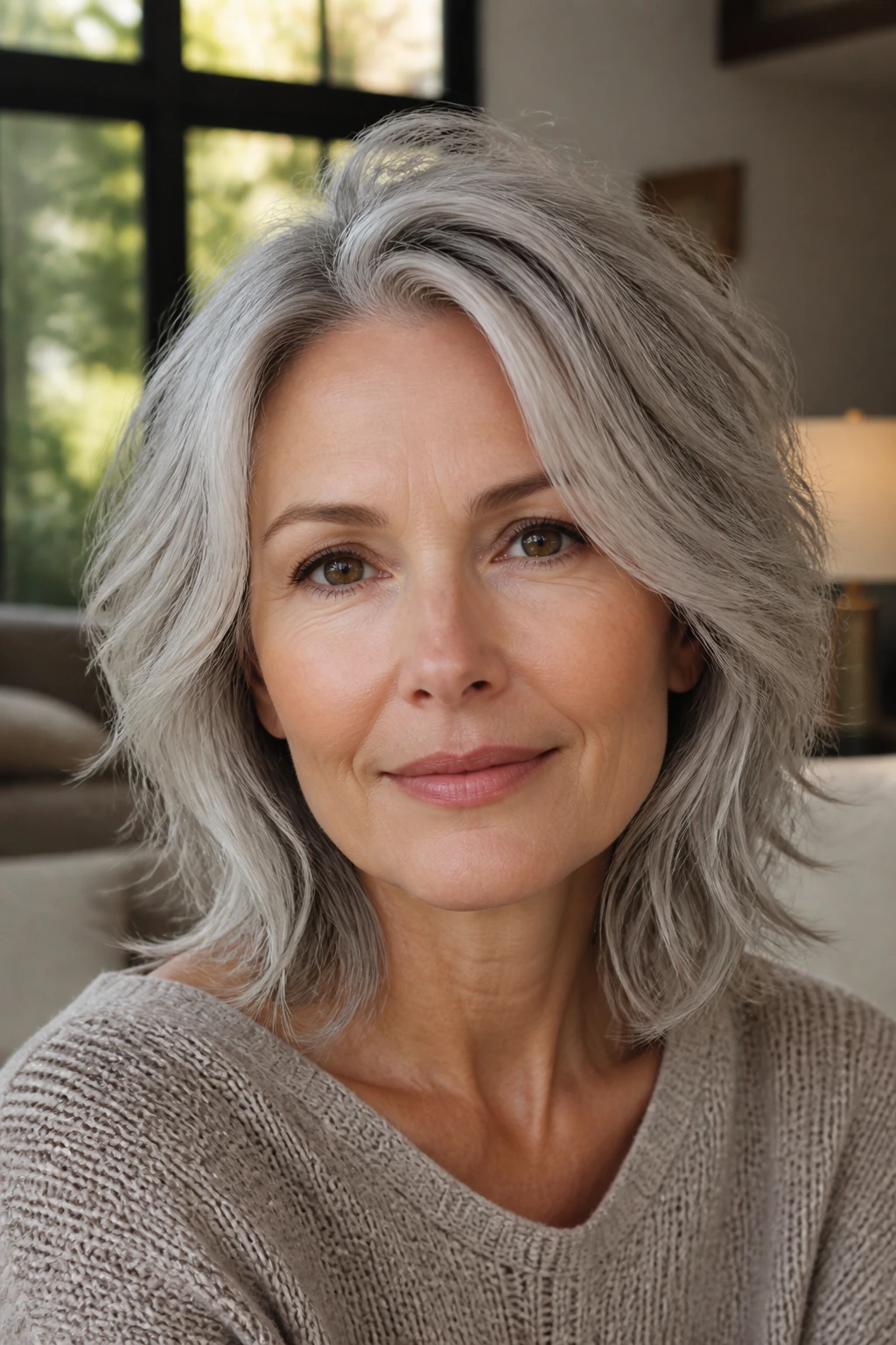 Close-up of a woman with tousled silver layers and lift in natural window light