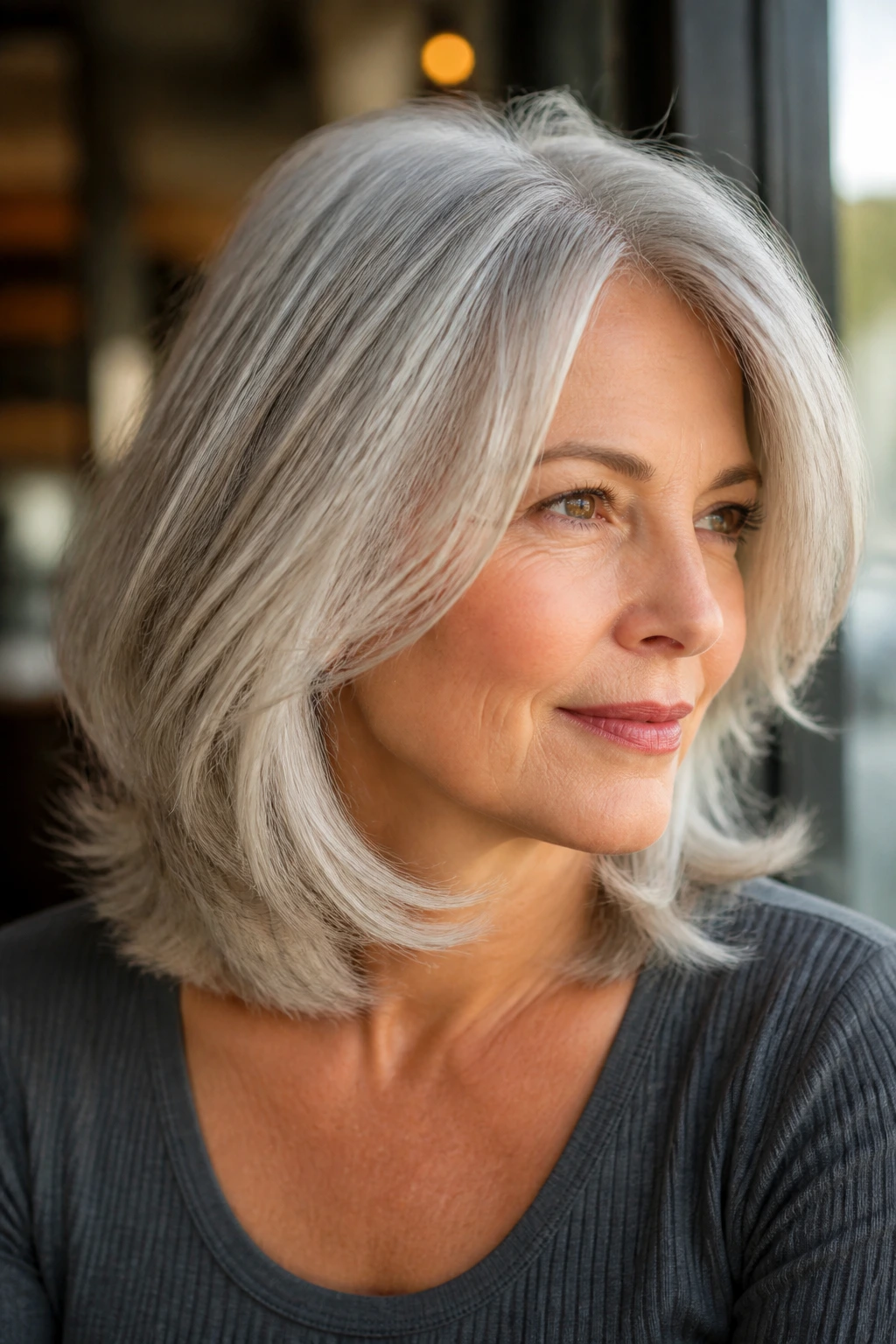 Portrait of a real older woman with a soft layered medium cut and flipped-out ends.