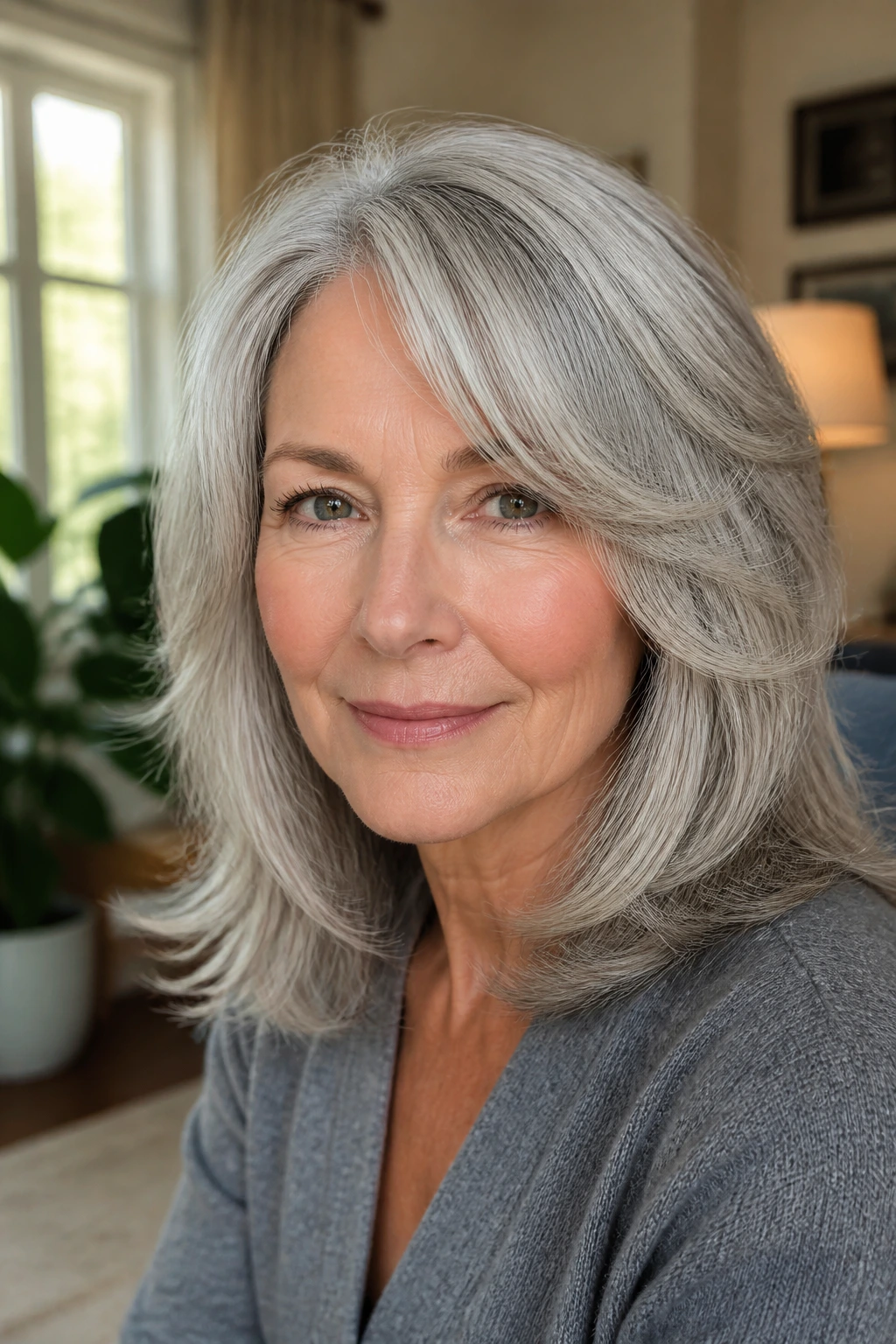 Close-up of a real woman with shoulder-length gray hair in a soft layered cut.