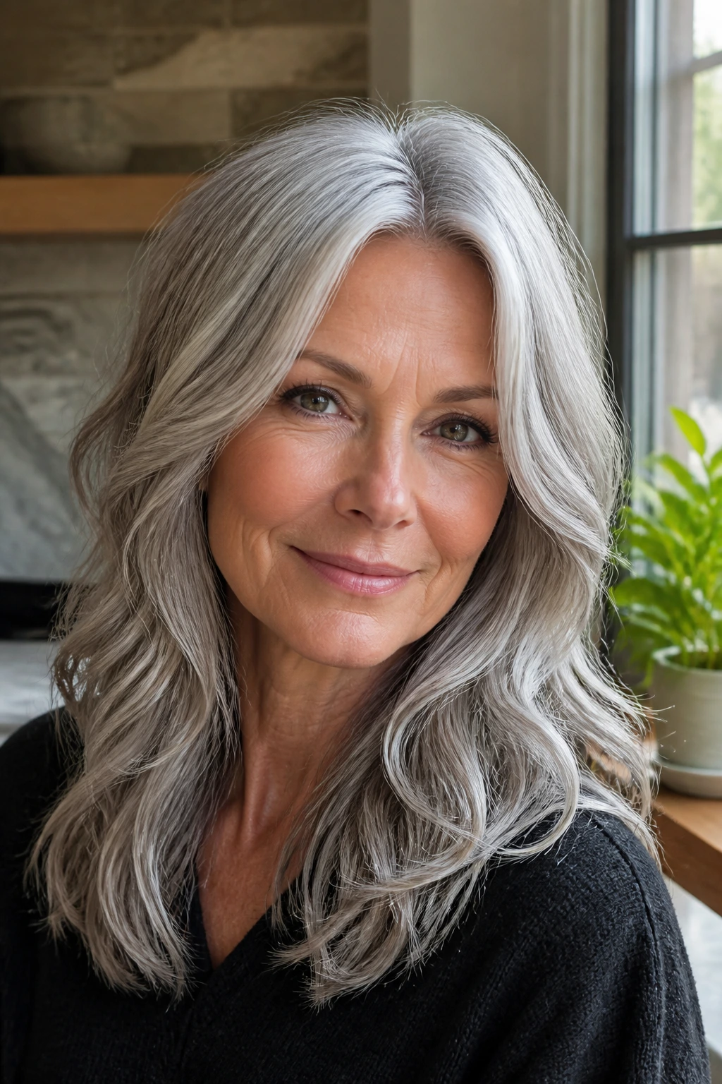 Close-up of real gray-haired woman with silver-first layers