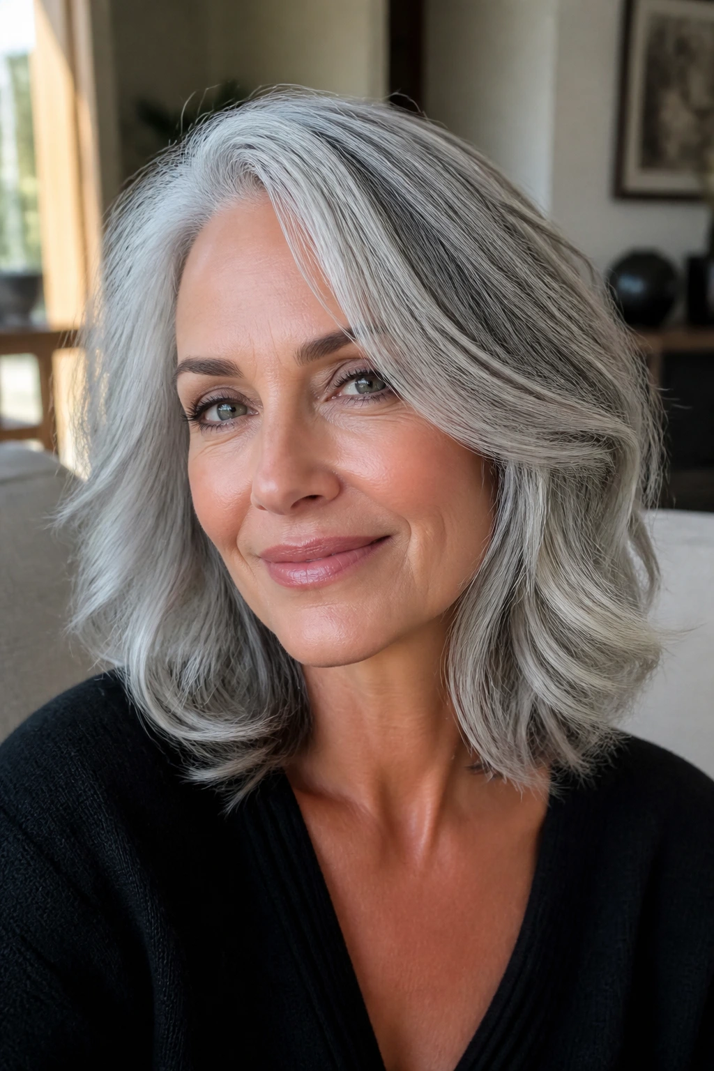 Close-up portrait of a real woman with shoulder-length silver-gray hair in soft waves