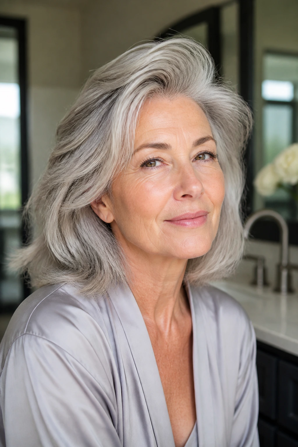 Close-up of a gray-haired woman with lift at the crown in a softly lit bathroom