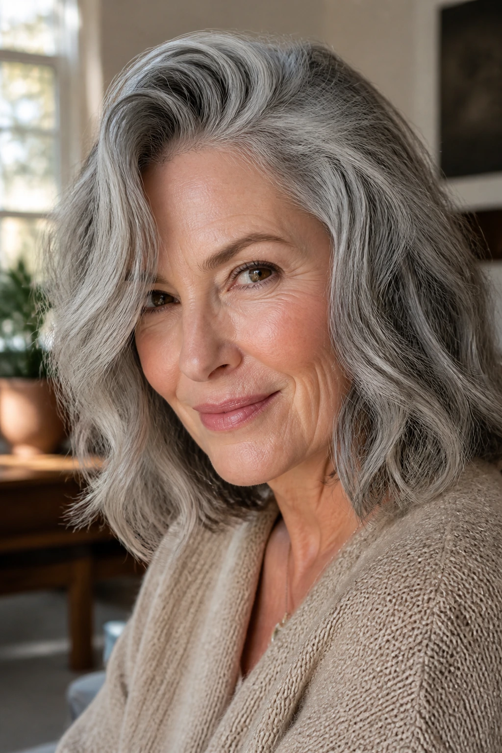 Close-up of real woman with deep side part and wavy gray lob in a cozy window-lit room