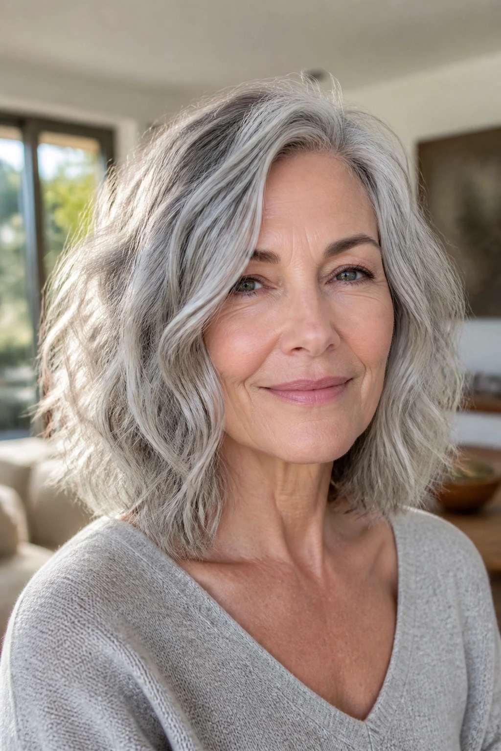 Close-up portrait of a real woman with a tousled gray lob in natural light.