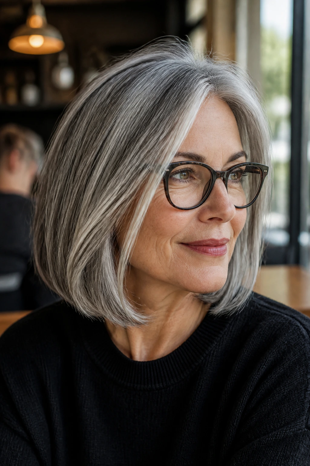 Portrait of gray-haired woman with a clean lob and light face-framing pieces wearing glasses