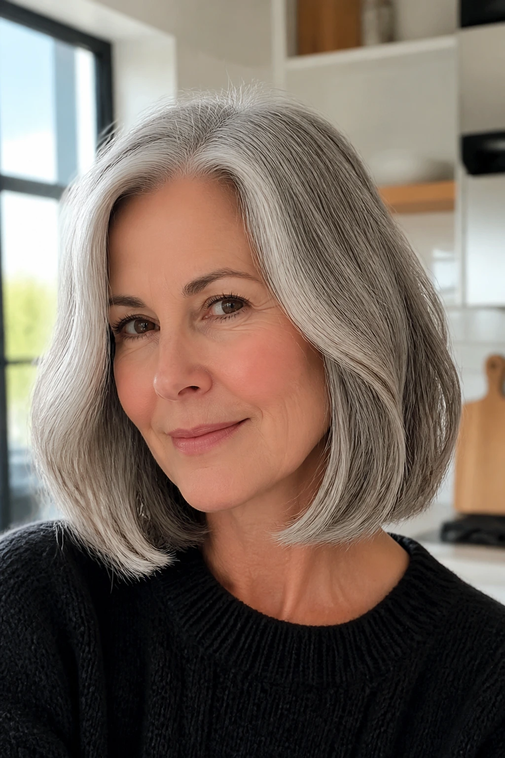 Close-up portrait of a real woman with blunt-edge long bob and internal layers