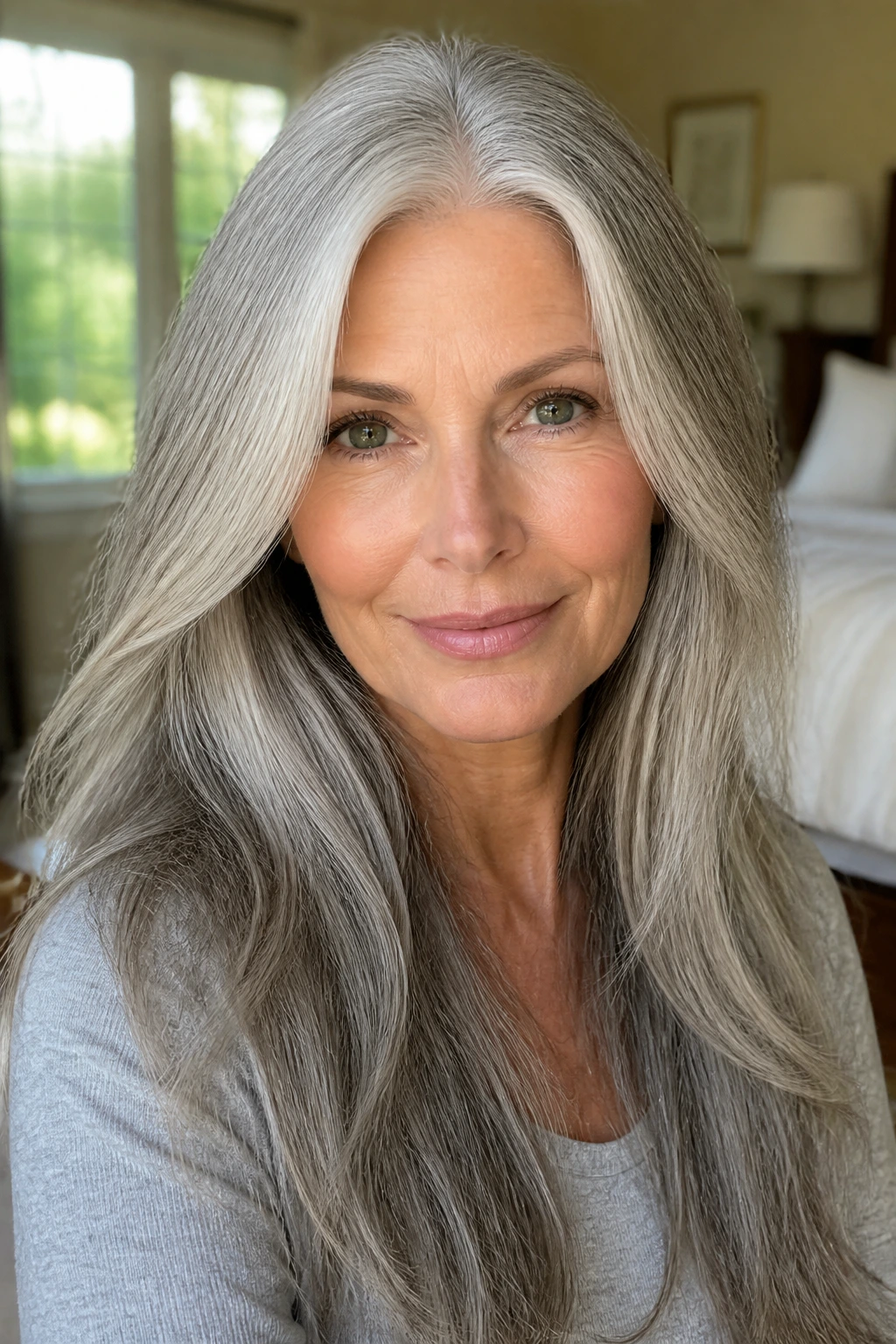 Close-up portrait of a real woman with long gray hair showing a center part in soft morning light
