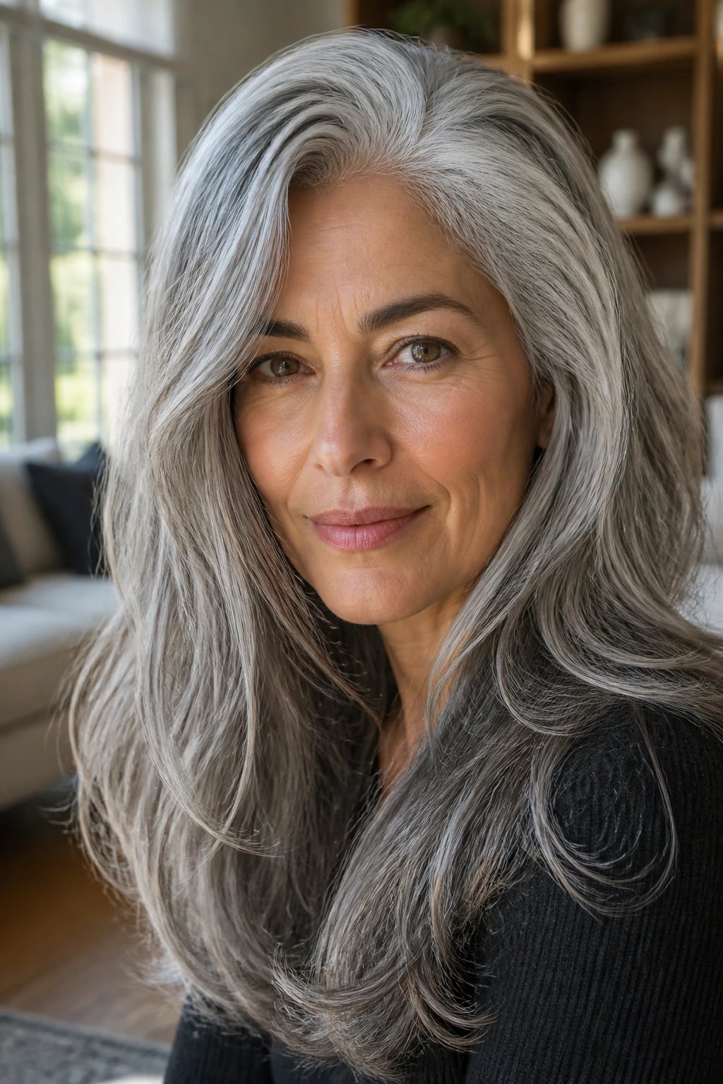 Close-up portrait of a person with long gray hair showing movement in a sunlit living room