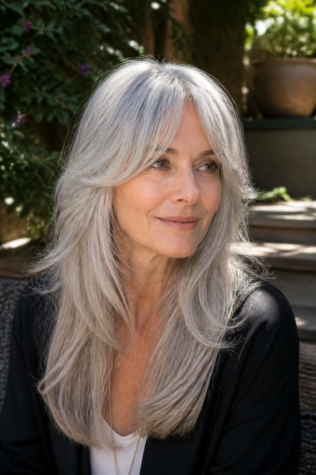 Portrait of a woman with long silver layers and curtain bangs in a sunlit garden.