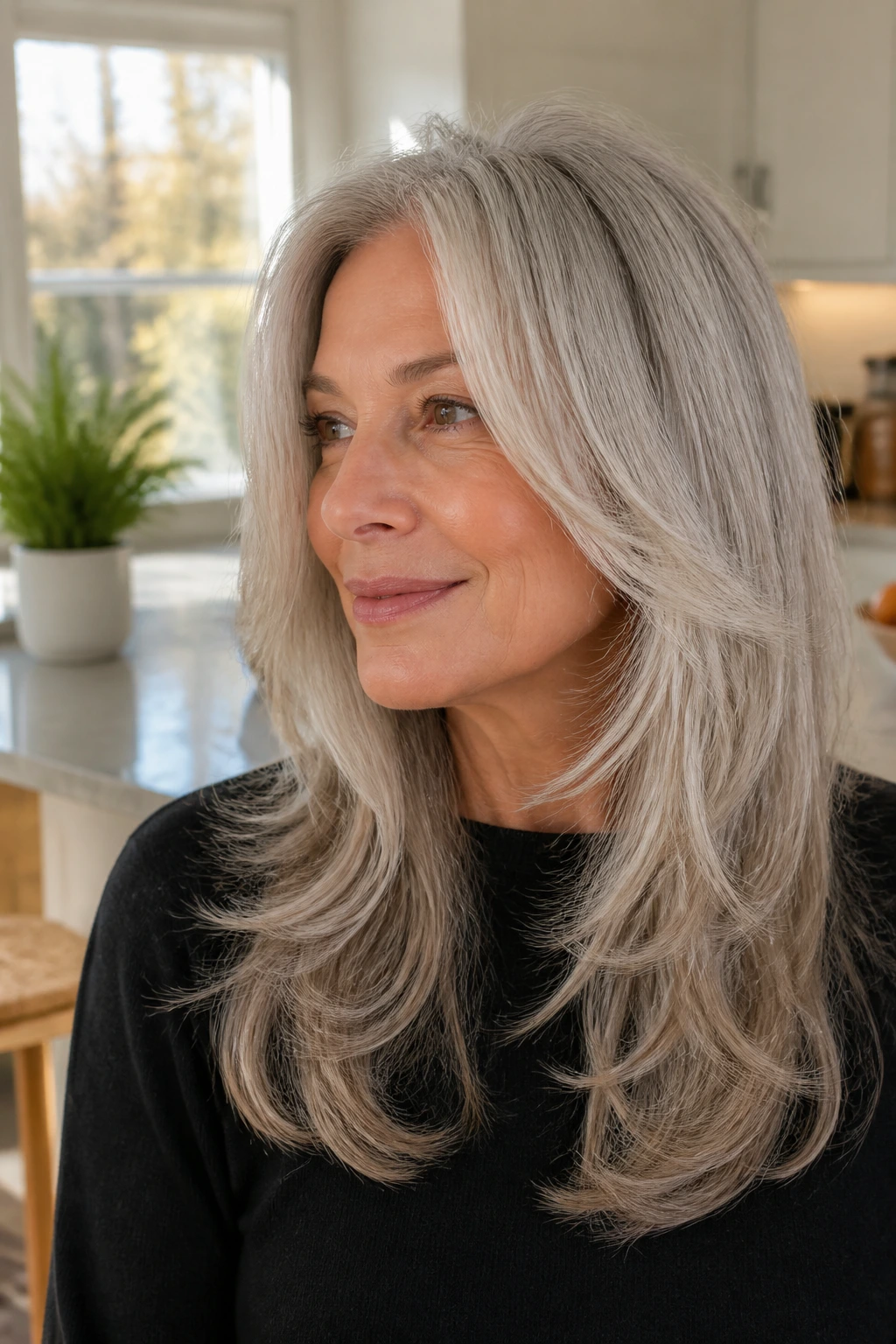 Close-up of an older woman with long gray hair styled in soft layers