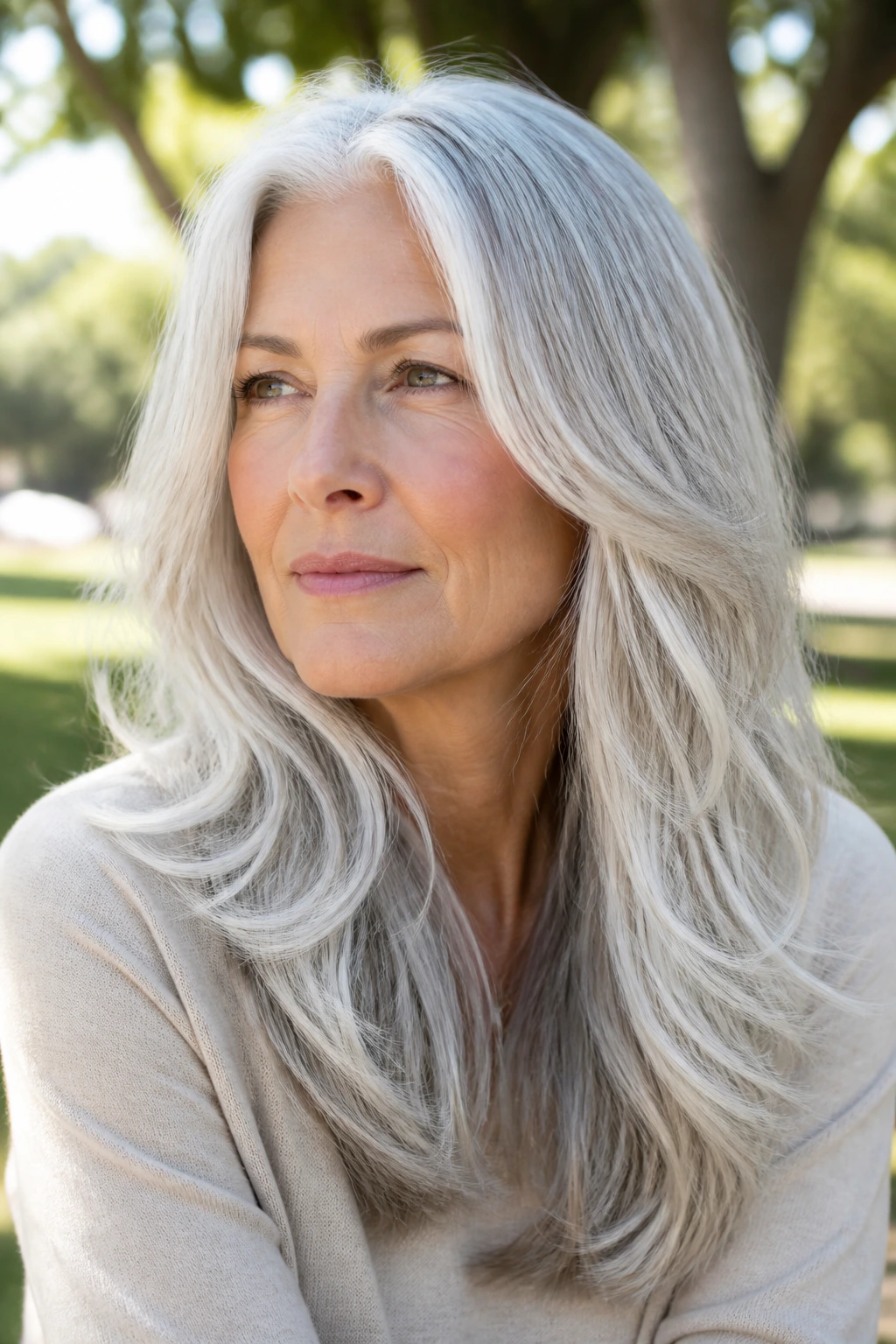 Portrait of a woman with long white-gray layered hair with satin finish in natural light