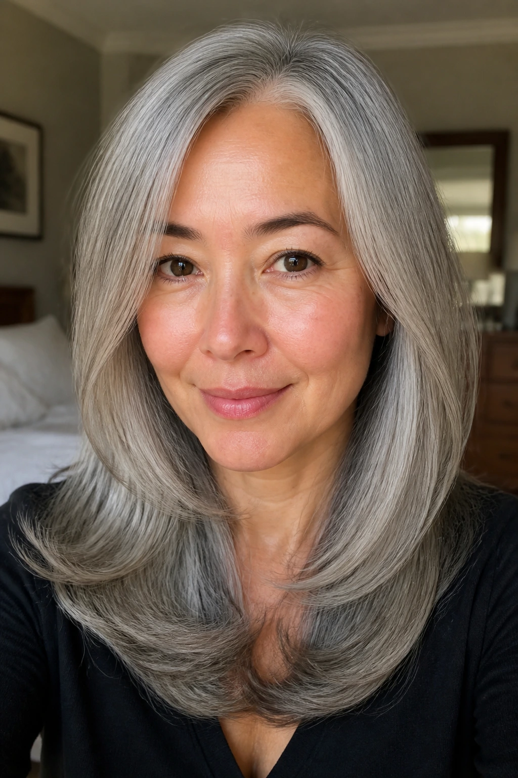 Close-up of a real woman with long gray hair showing tucked-under layered ends