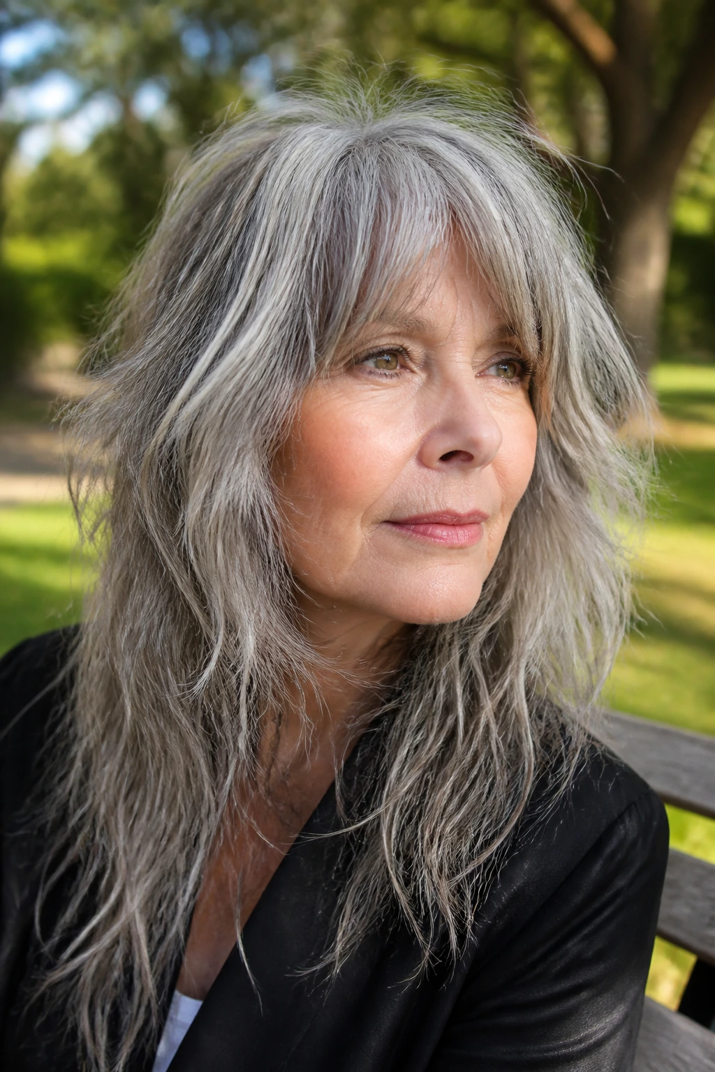 Real woman with long gray shag and piecey ends outdoors in daylight