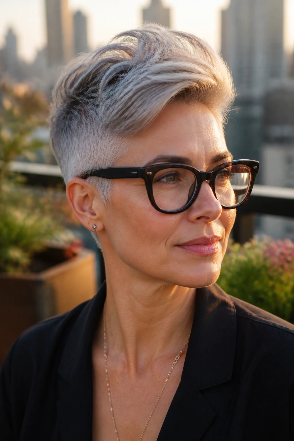 Close-up of a real woman with long-top pixie and bold glasses in golden hour light