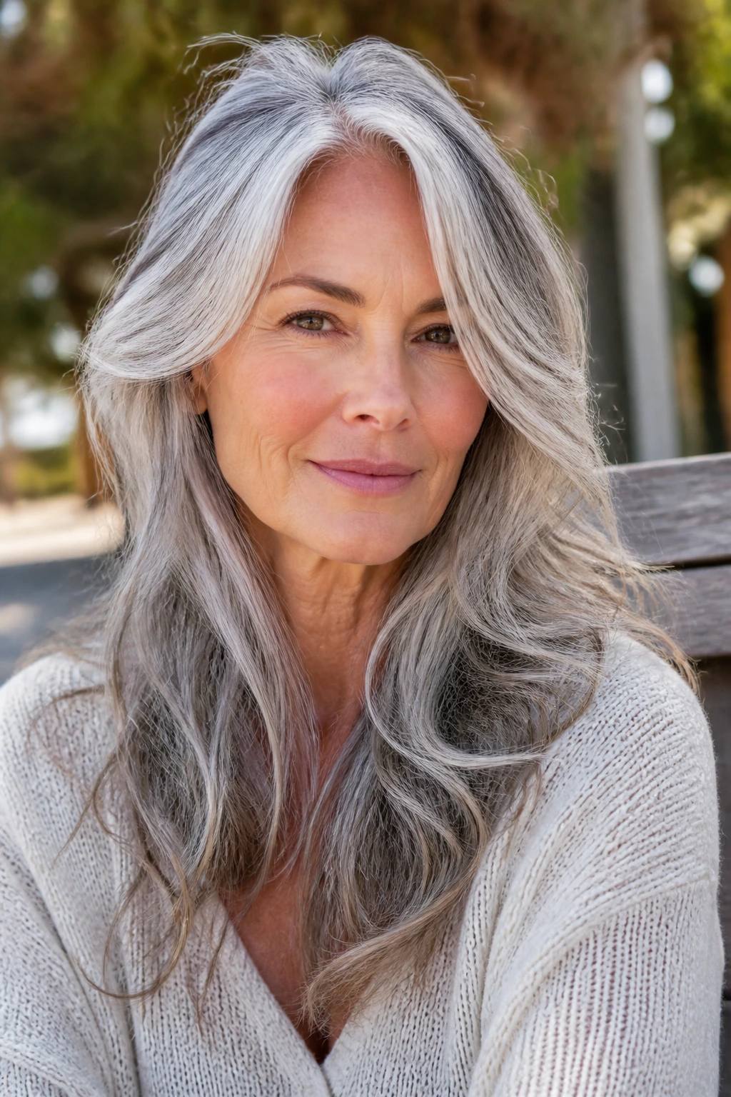 Close-up of long, waved silver hair with layered ends