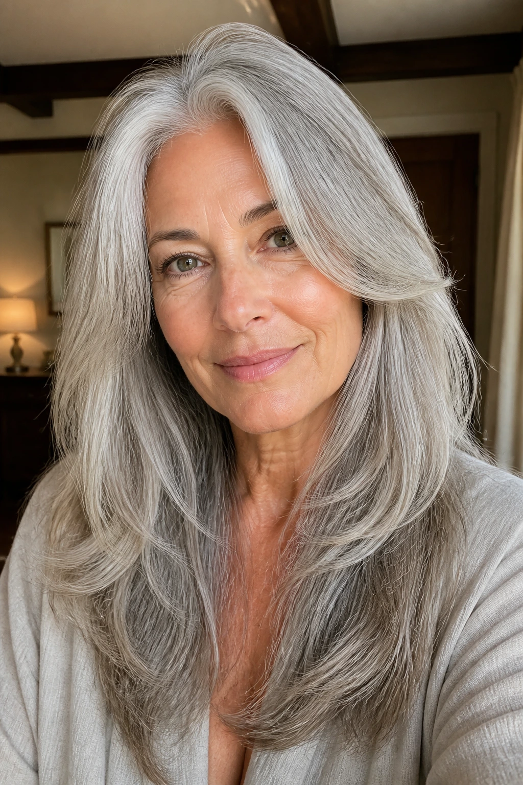 Close-up of a real woman with long gray hair styled to create shape and texture in a warm home setting