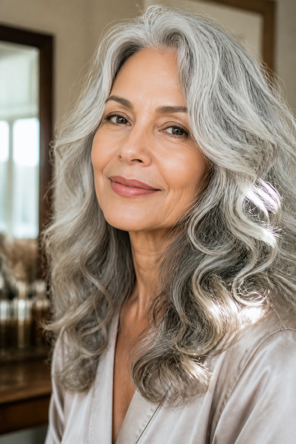 Close-up of a real woman with loose glossy gray curls