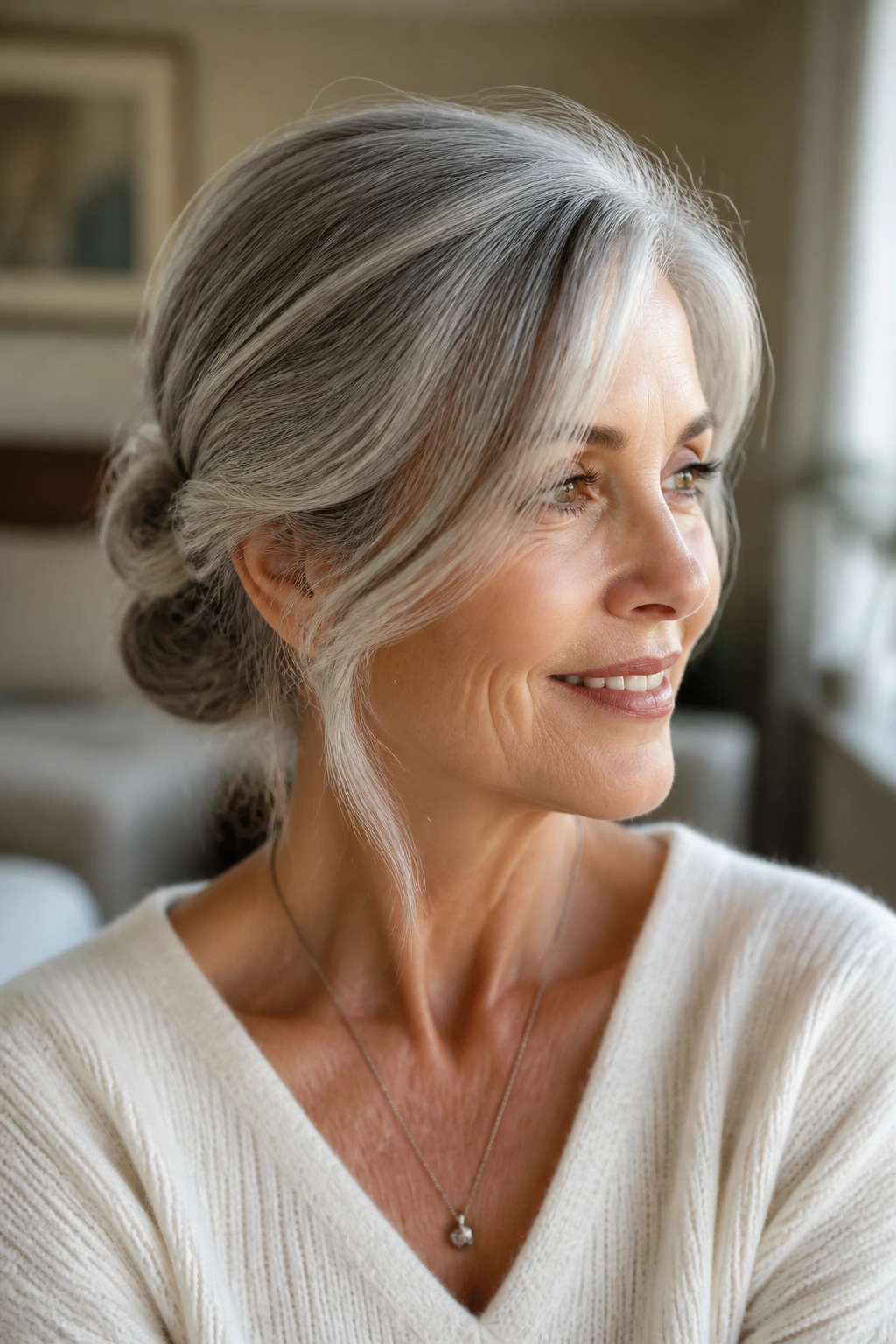 Close-up of a real person wearing a low chignon with soft face-framing pieces.