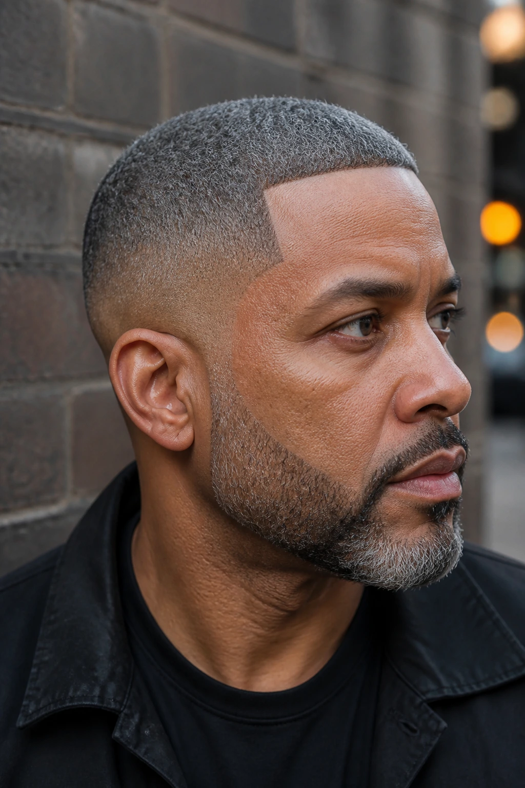 Close-up portrait of a man with gray low fade and line-up.