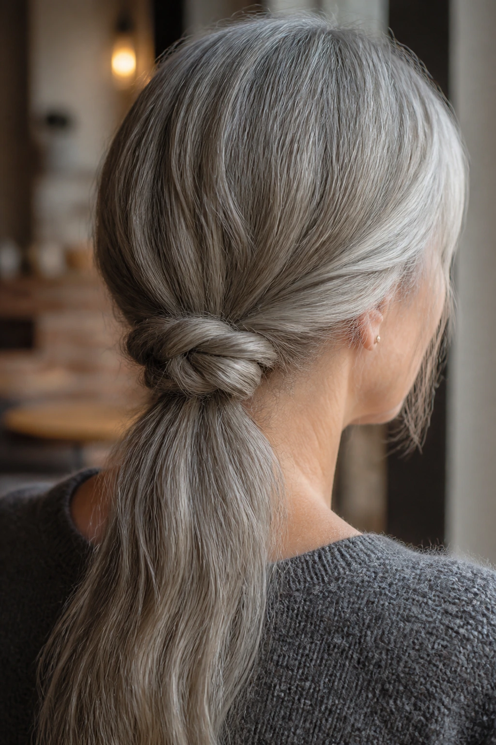 Close-up of real woman with twisted low knot at the nape in gray hair