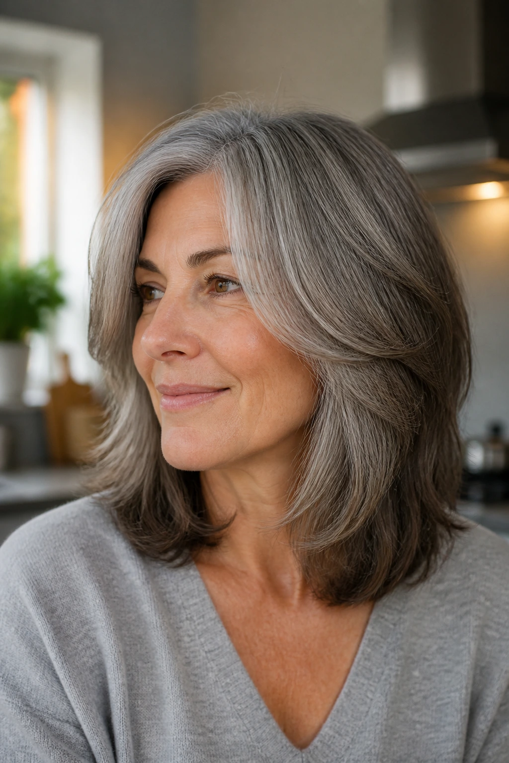 Real woman with dimensional salt-and-pepper layers and cool lowlights in kitchen light