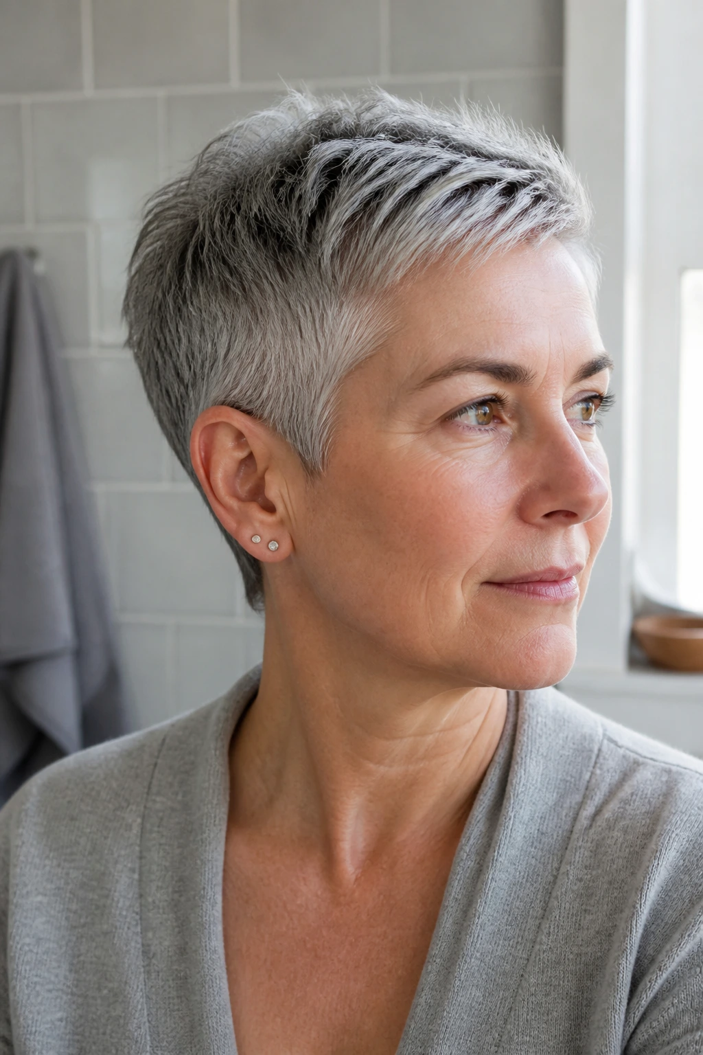 Close-up of a real woman with a short gray haircut in a bathroom, showing neat trim