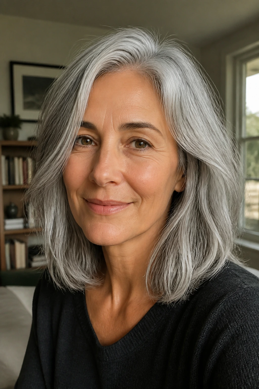 Close-up portrait of a woman with shoulder-length silver-gray hair styled intentionally