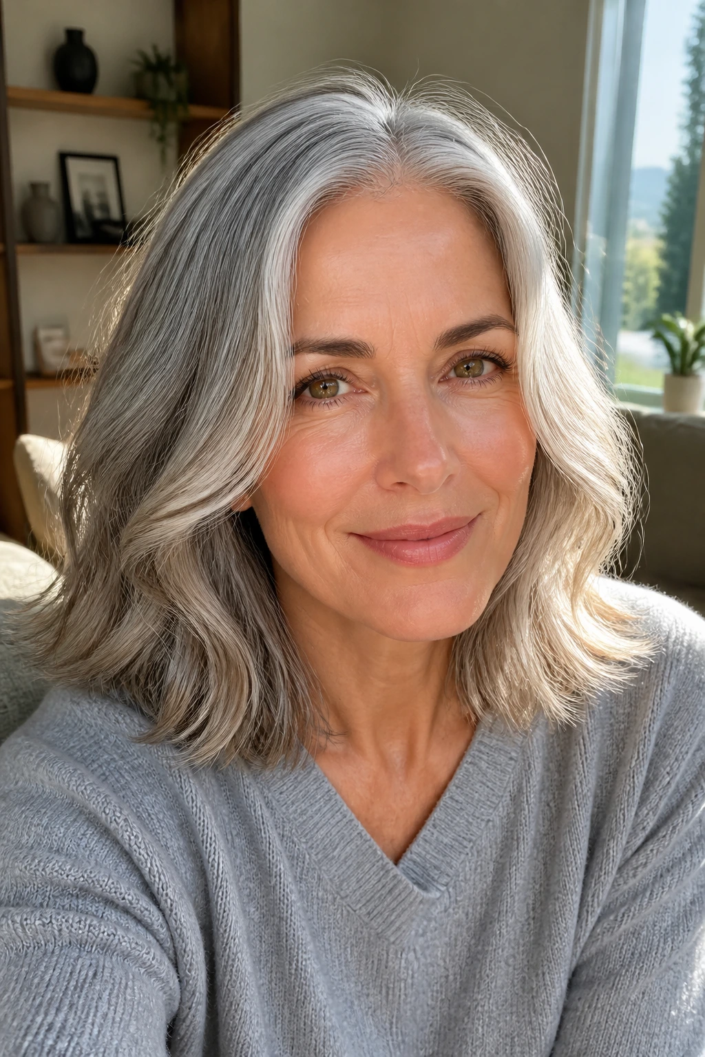 Close-up portrait of a real woman with shoulder-length gray hair under soft daylight.