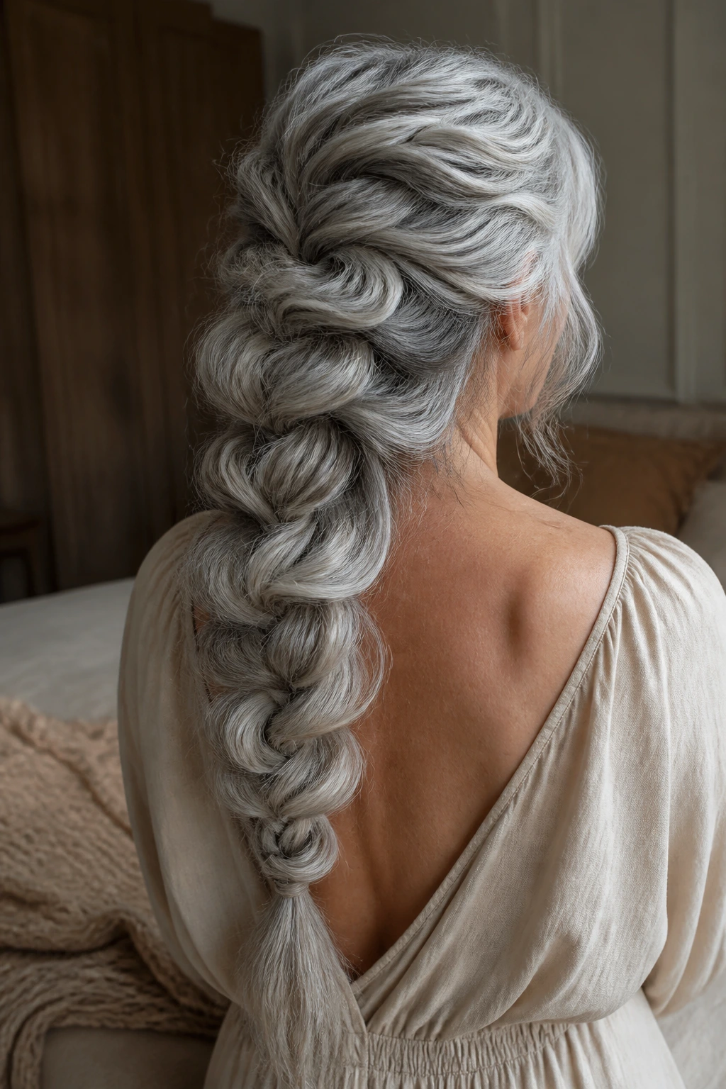 Three-quarter back view of a real woman with a loose mermaid braid