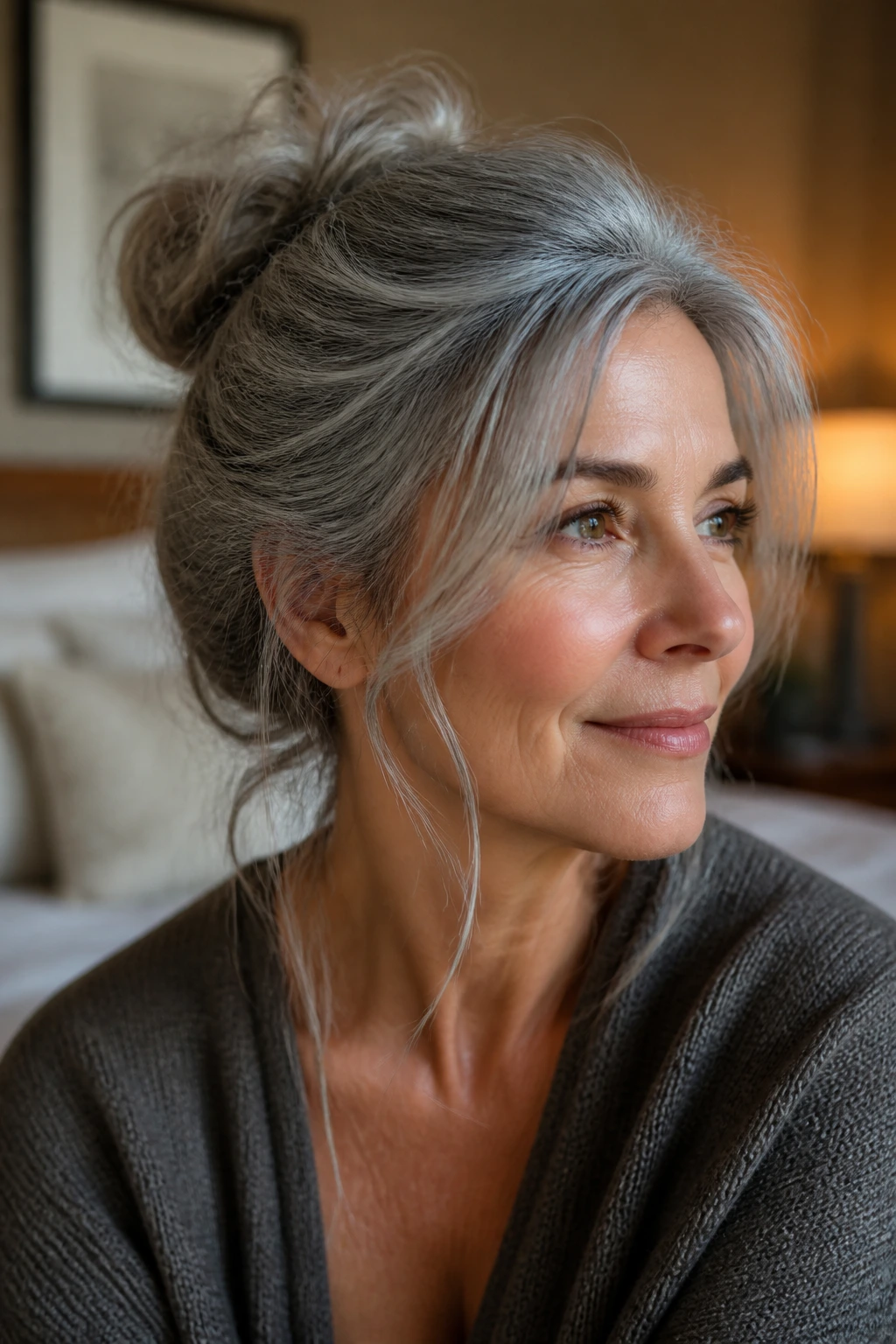 Real woman with a messy bun and soft tendrils in gray hair