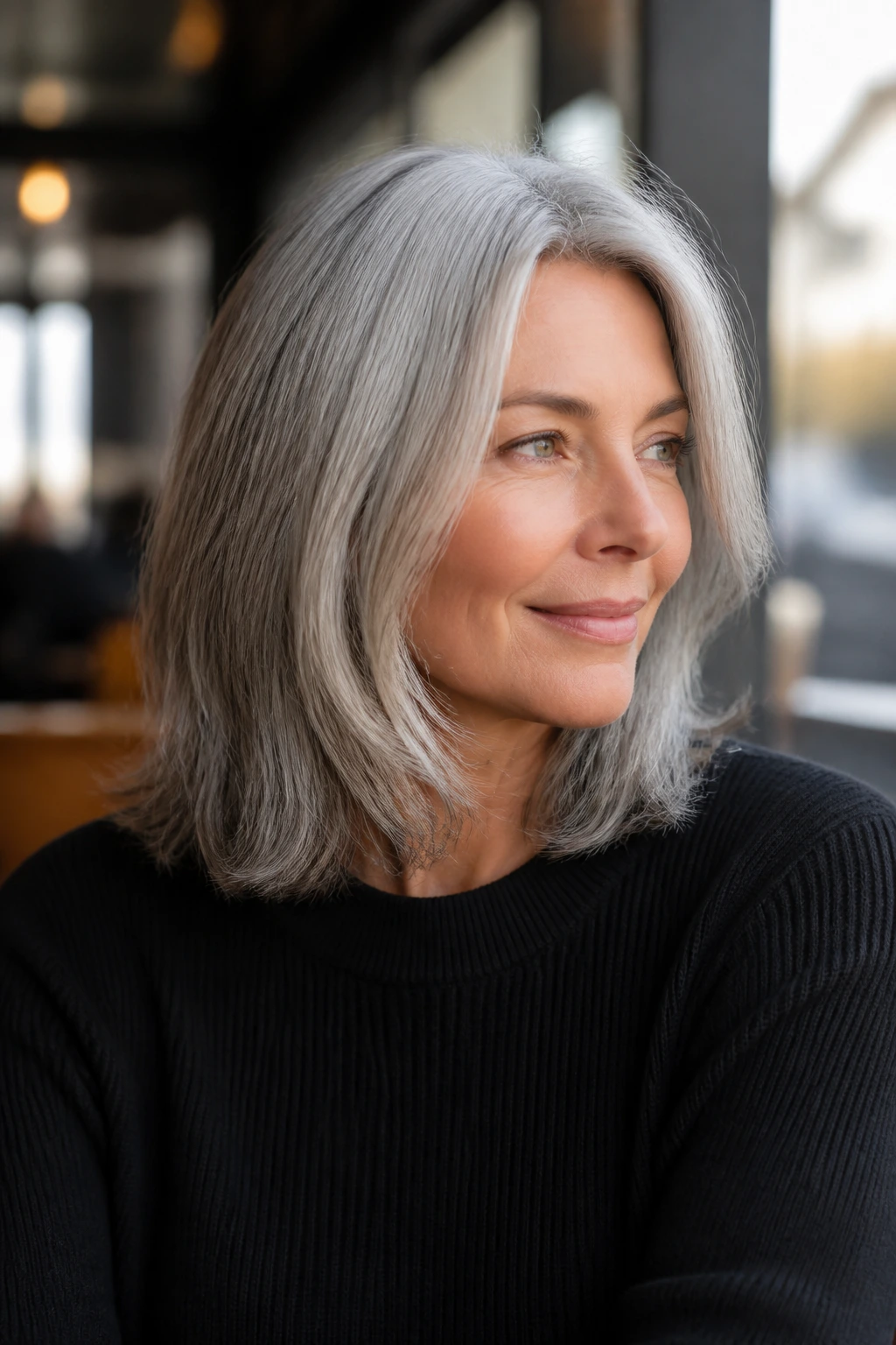 Portrait of a person with medium-length gray hair showing weight at the ends