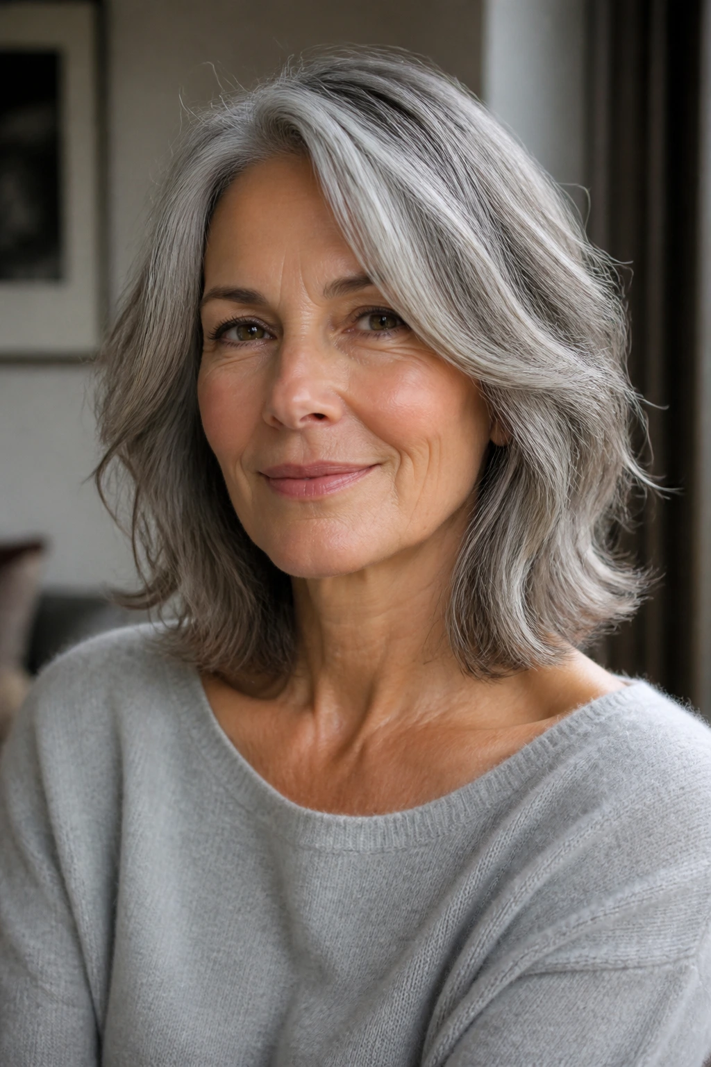 Portrait of a gray-haired woman with a collarbone-length medium cut in warm light