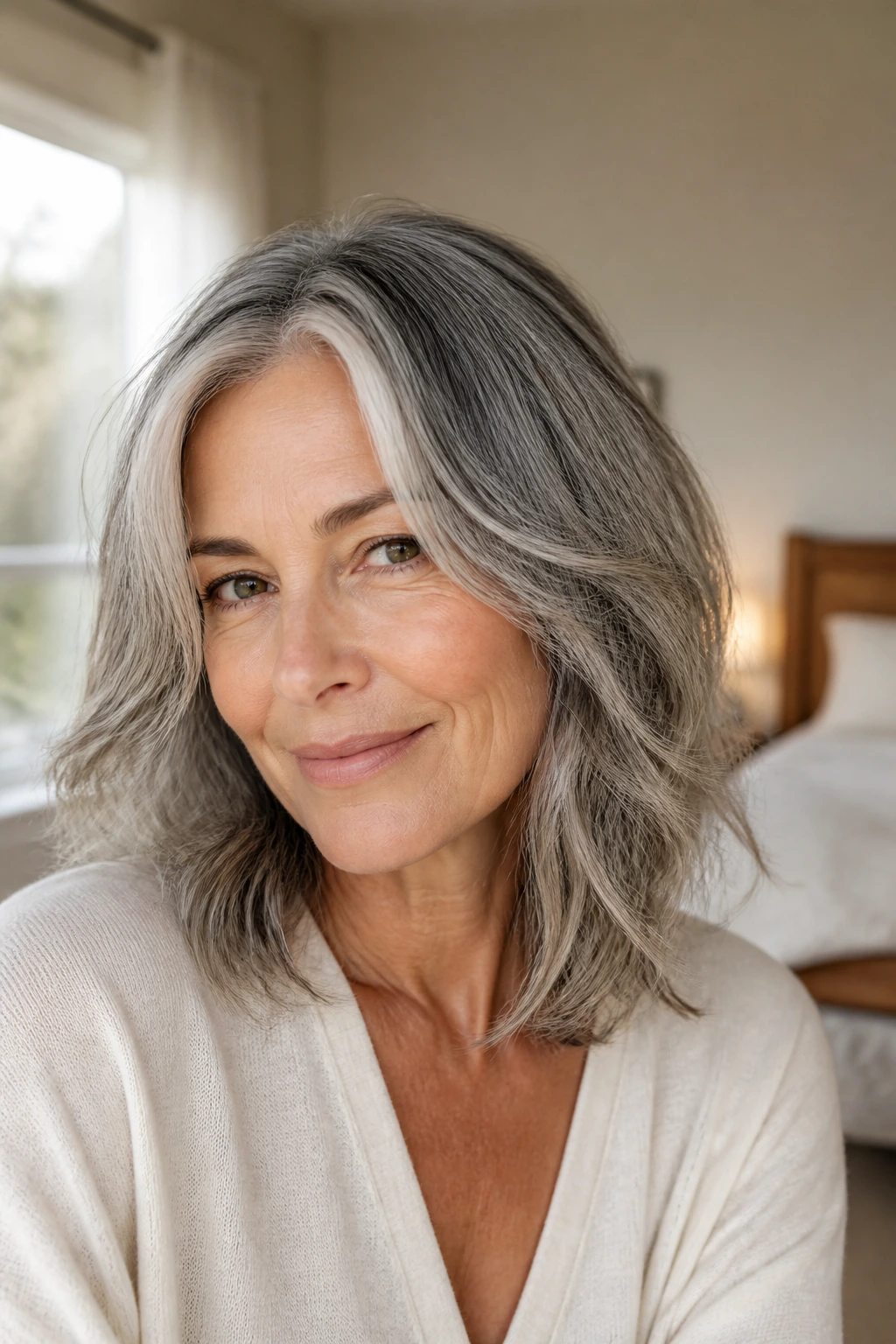 Close-up of a real woman with shoulder-length gray hair in a midlength layered style with air-dried texture