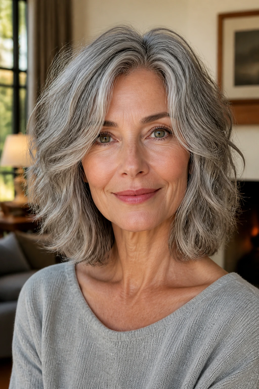Close-up portrait of a woman with textured gray mid-length hair