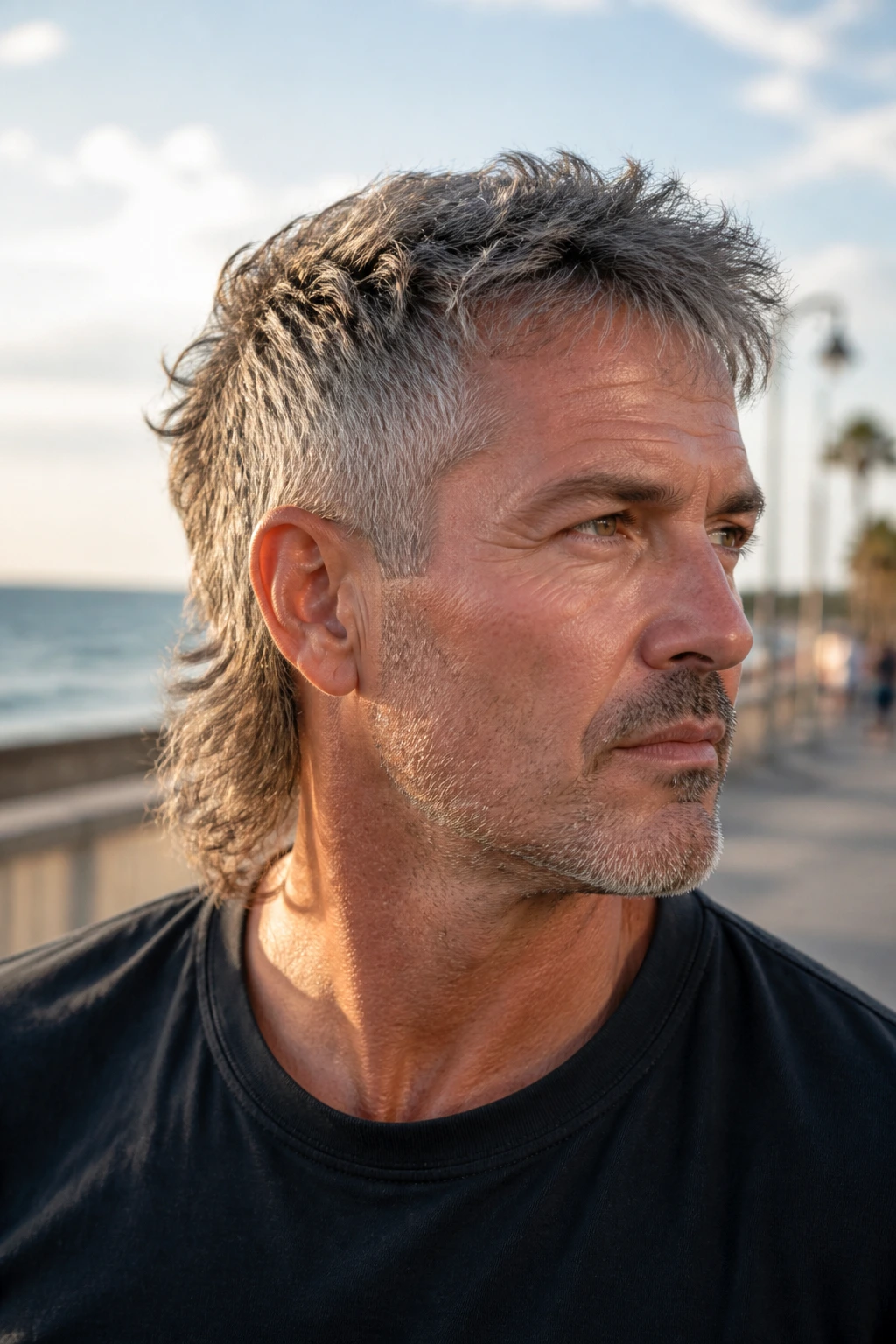 Close-up portrait of a man with gray mullet hairstyle.