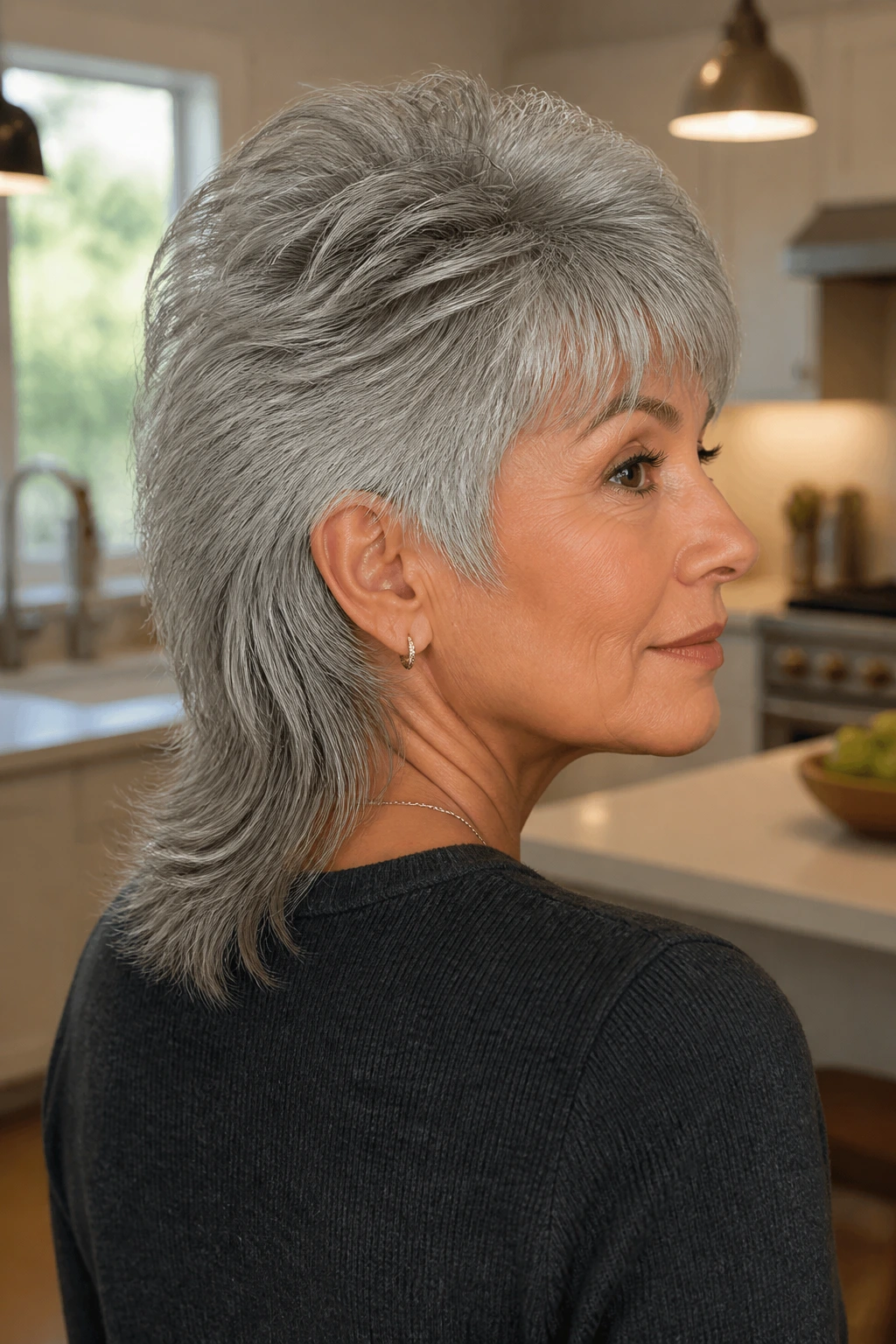 Close-up of a real person with a soft mullet in dense gray hair showing crown height and nape length