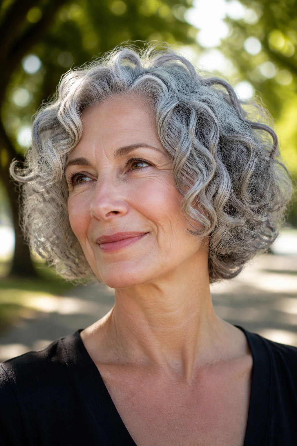 Close-up of a real woman with a chin-length gray natural curl bob.