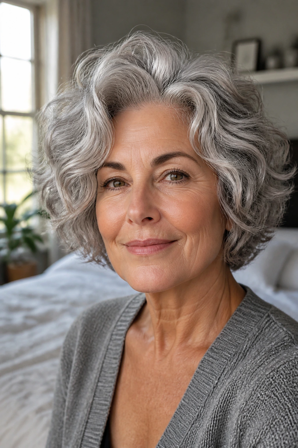 Close-up of real person with natural wave cut and diffused volume in thick gray hair