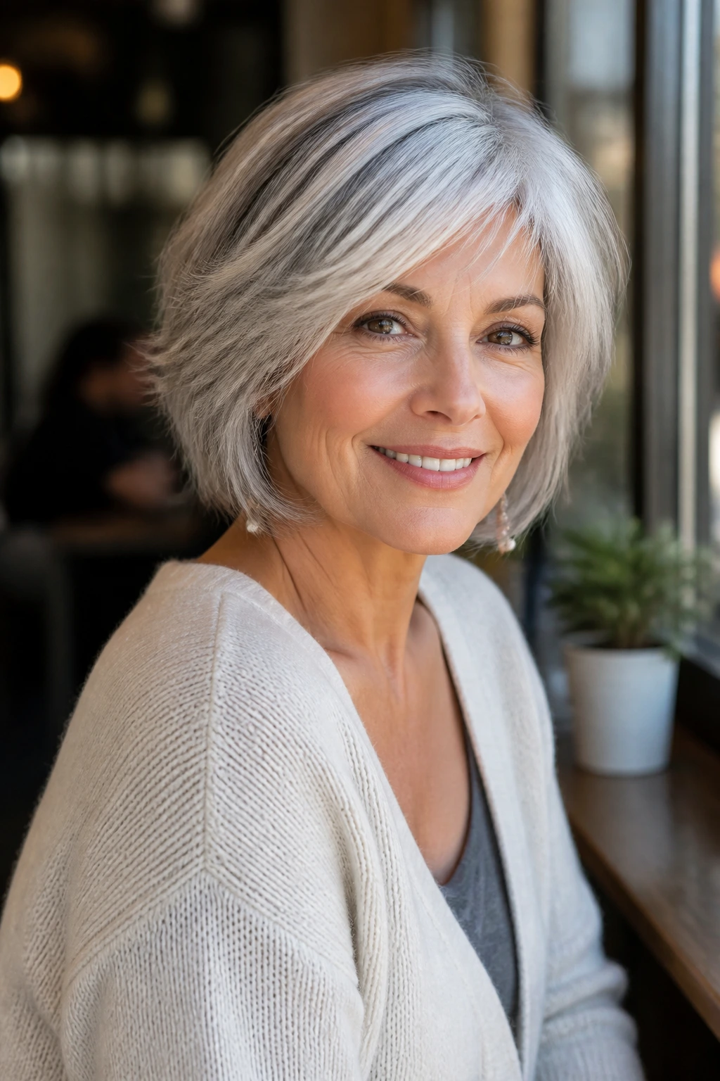 Portrait of a mature woman with a flattering gray hairstyle