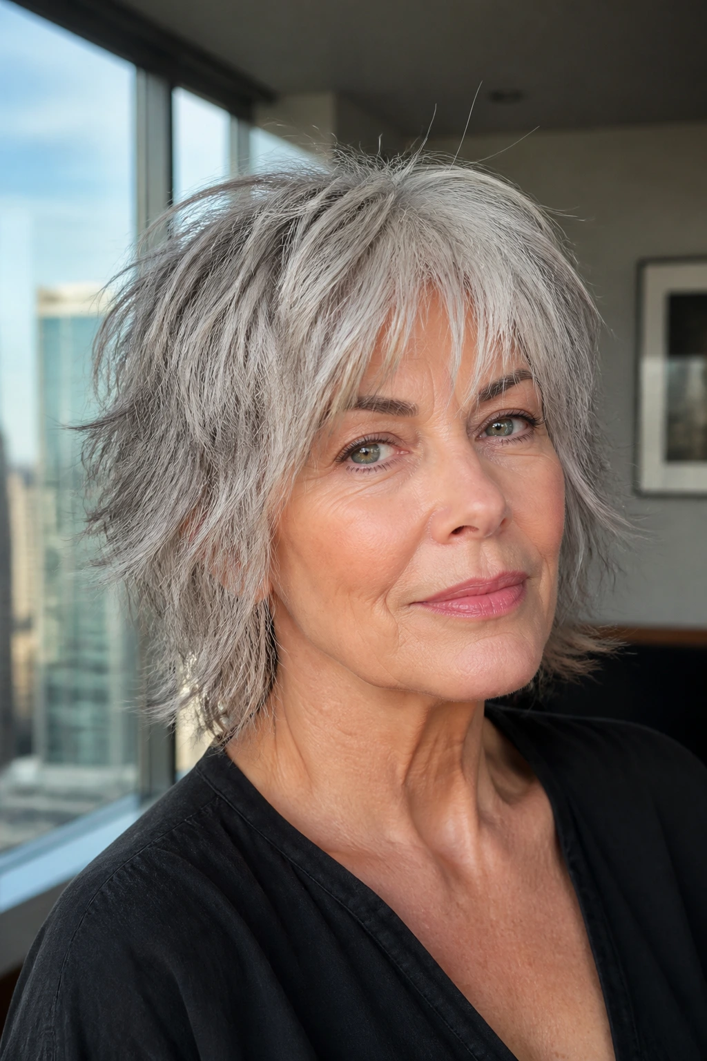 Close-up of a real woman with gray hair in a piecey razor cut.