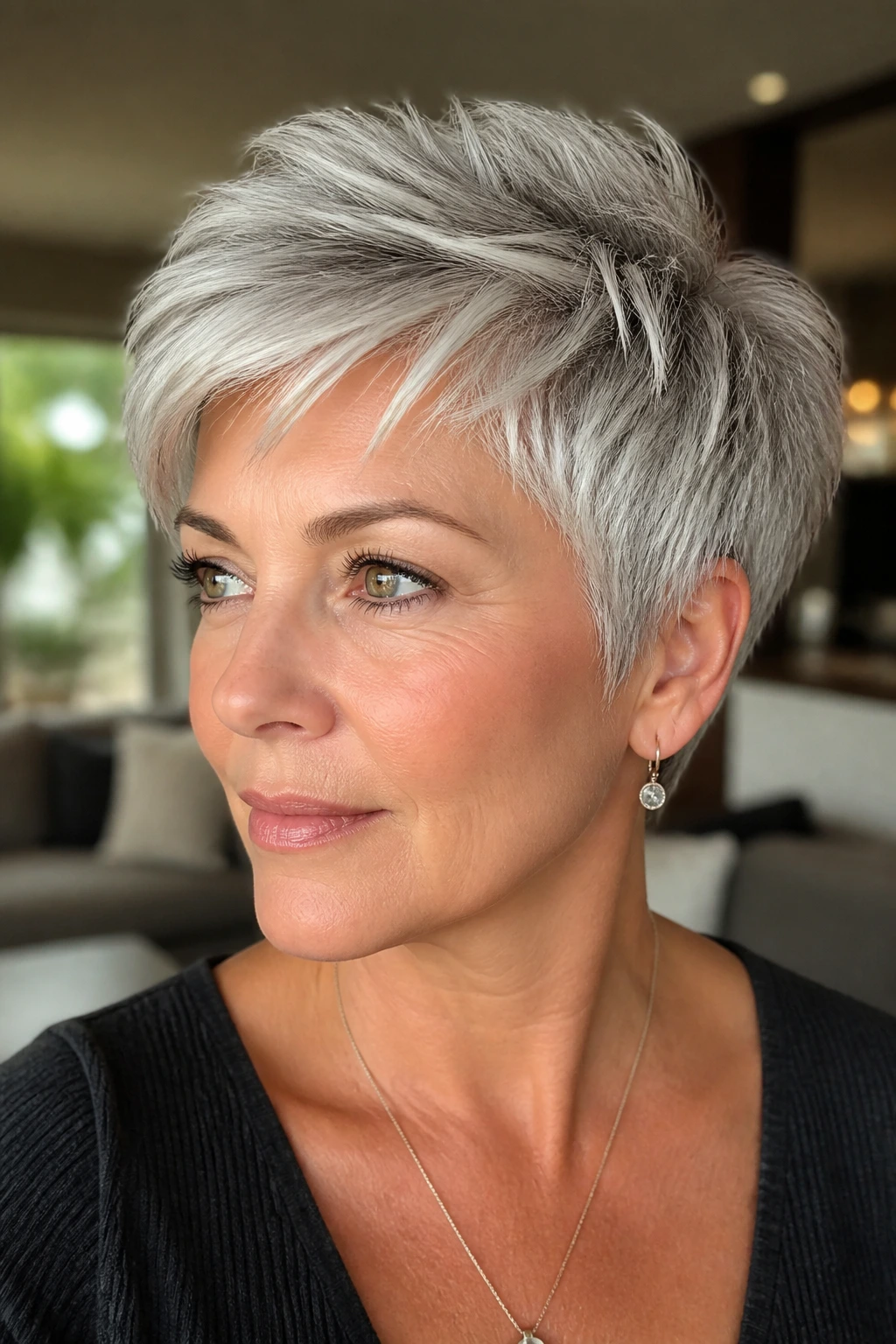 Real person with piecey silver pixie haircut