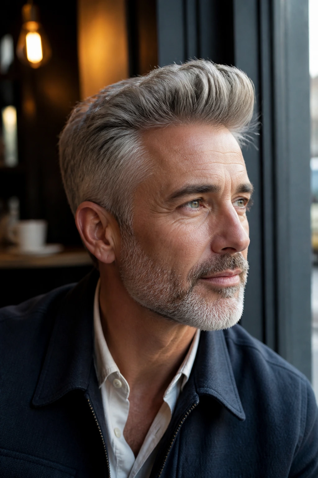Close-up portrait of a man with a soft pompadour gray hair
