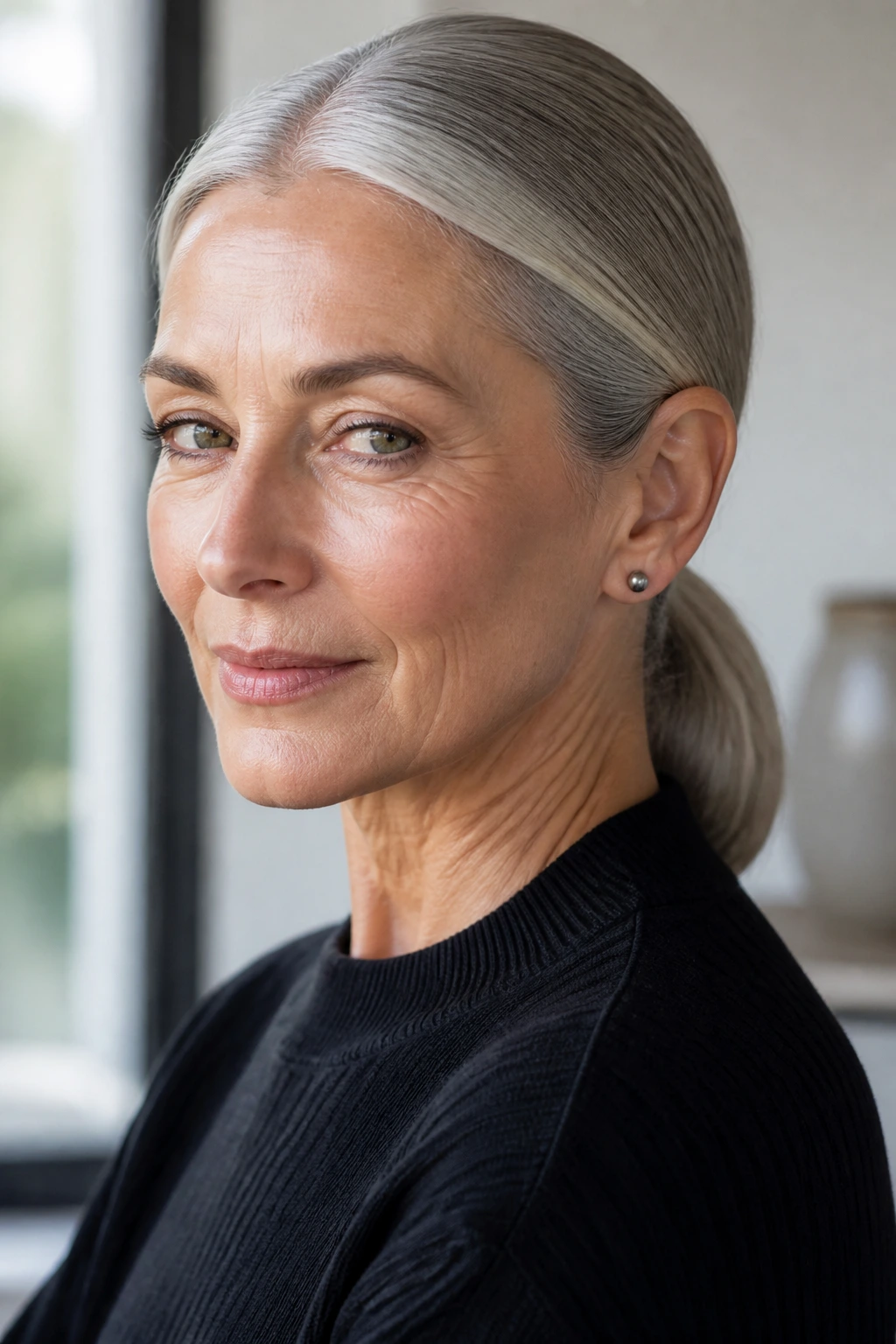 Portrait of a woman with a sleek low ponytail and silver shine