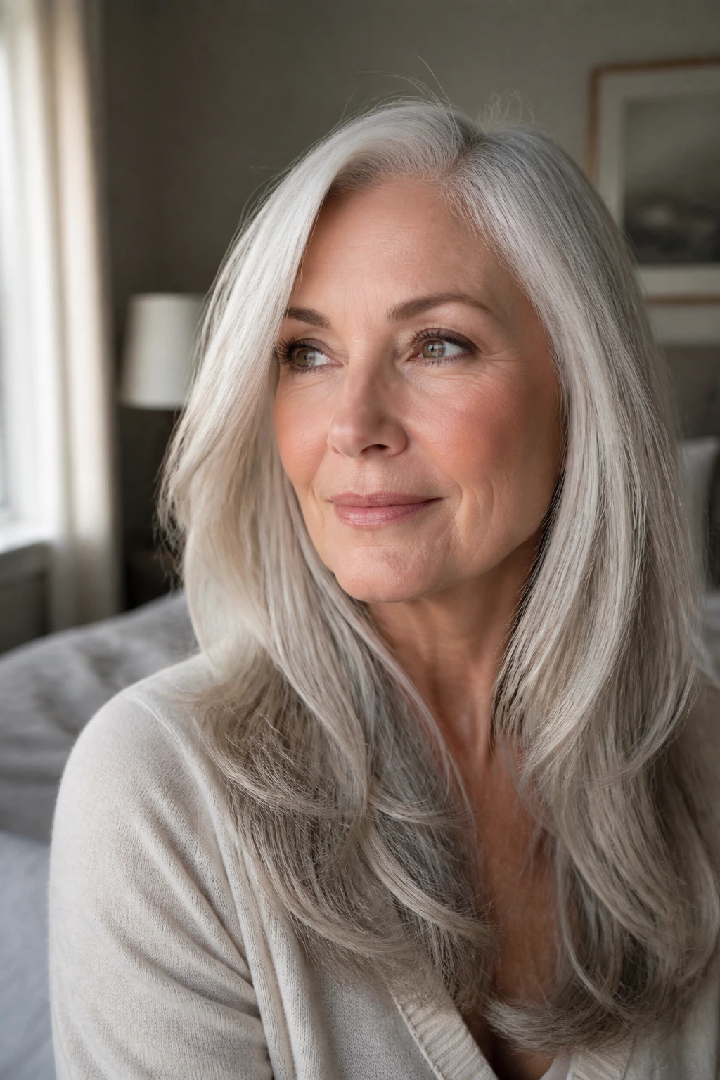 Close-up portrait of an older woman with silver-gray hair in soft window light