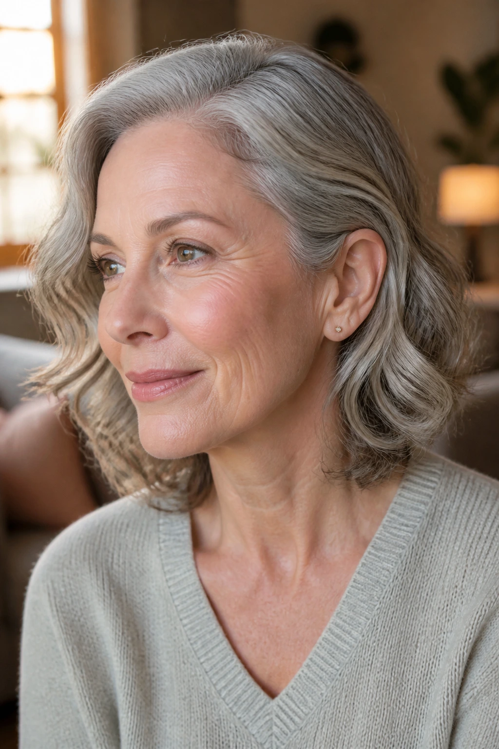 Close-up portrait of an older woman with gray curls tucked behind the ear and a visible earring