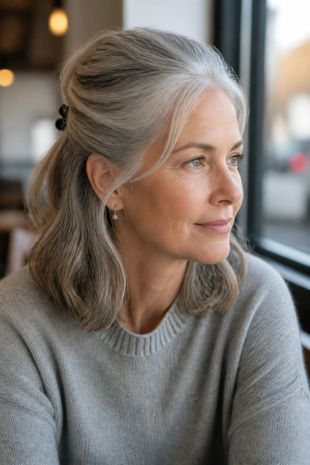 Close-up portrait of a real woman with half-up twist and loose gray hair